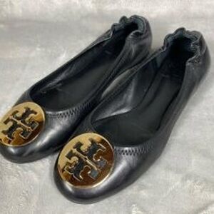 Tory Burch Black Leather Flats with Gold Emblem